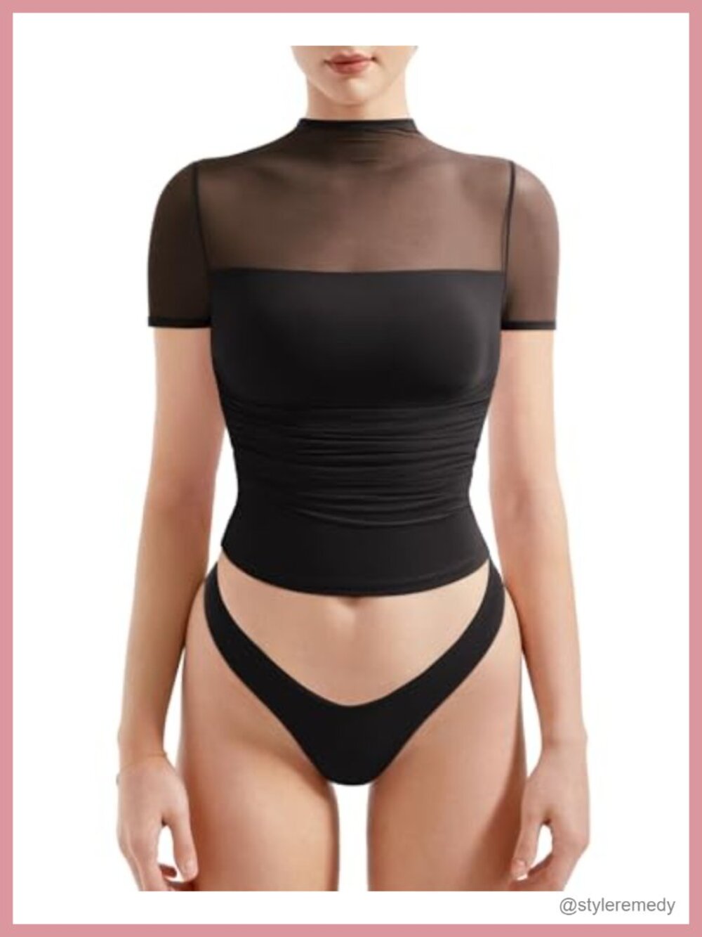 Women Sheer Mesh Mock Neck Short Sleeve Ruched Crop Top Going Out